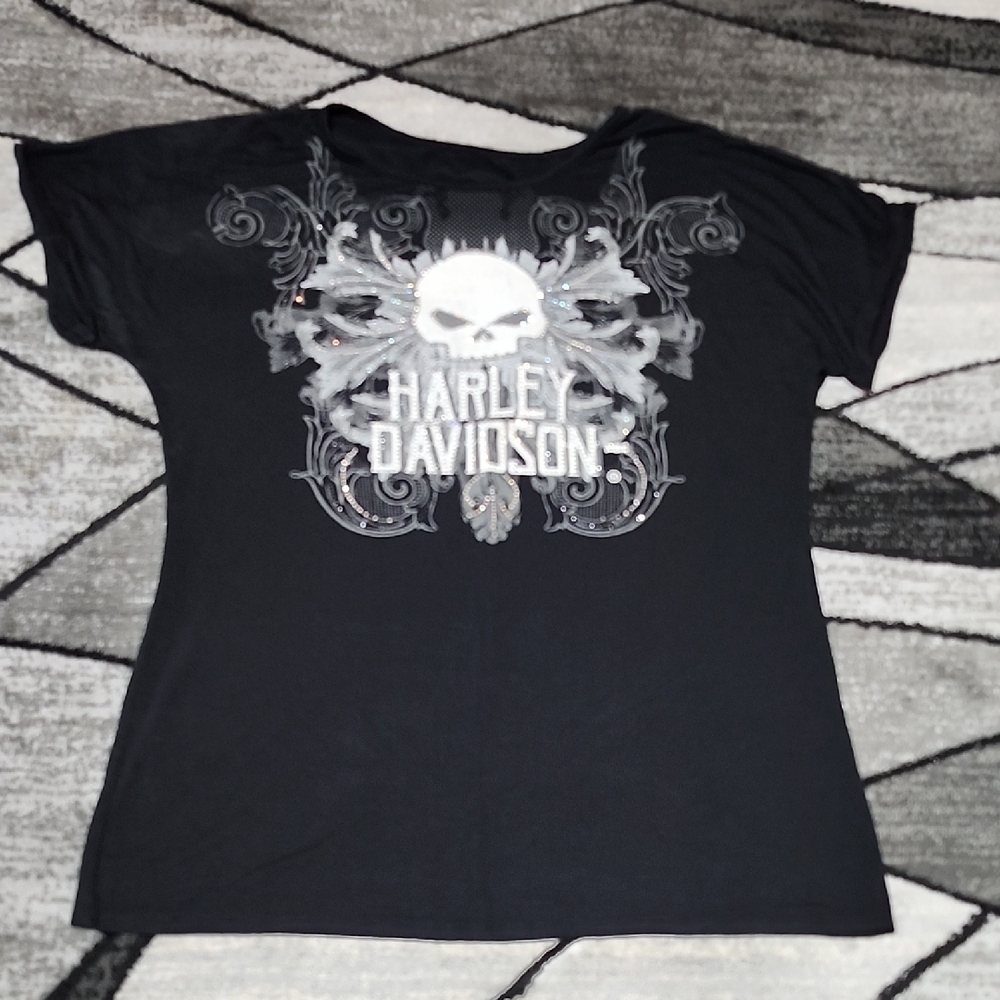 HARLEY DAVIDSON WILLIE RHINESTONES LACE CUT-OUT CUFFED SHORT-SLEEVE TEE-SHIRT